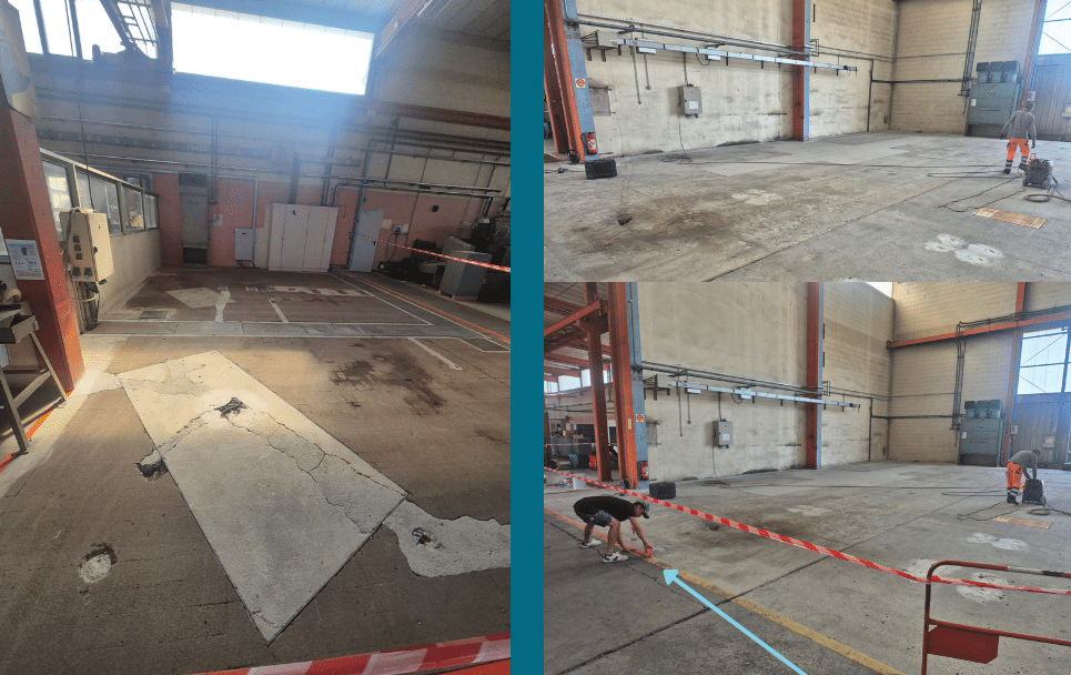 Sol béton dégradé d'un local de stockage à Balma, ancien revêtement époxy décollé par plaques