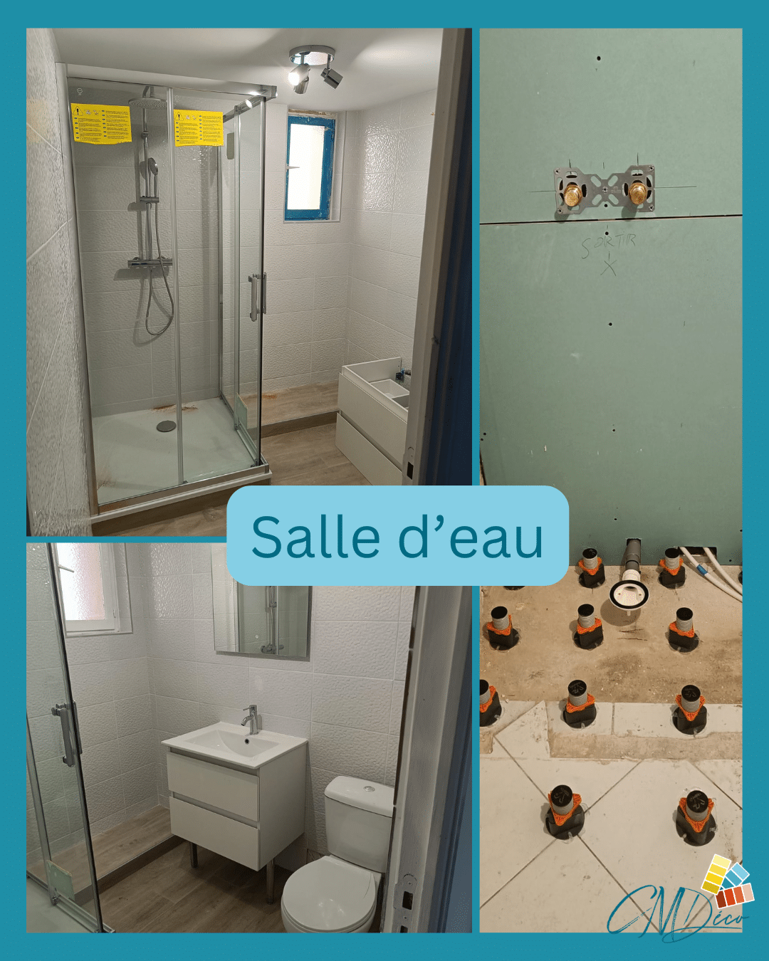 Salle d'eau refaite avec douche à l'italienne, paroi vitrée et meuble vasque