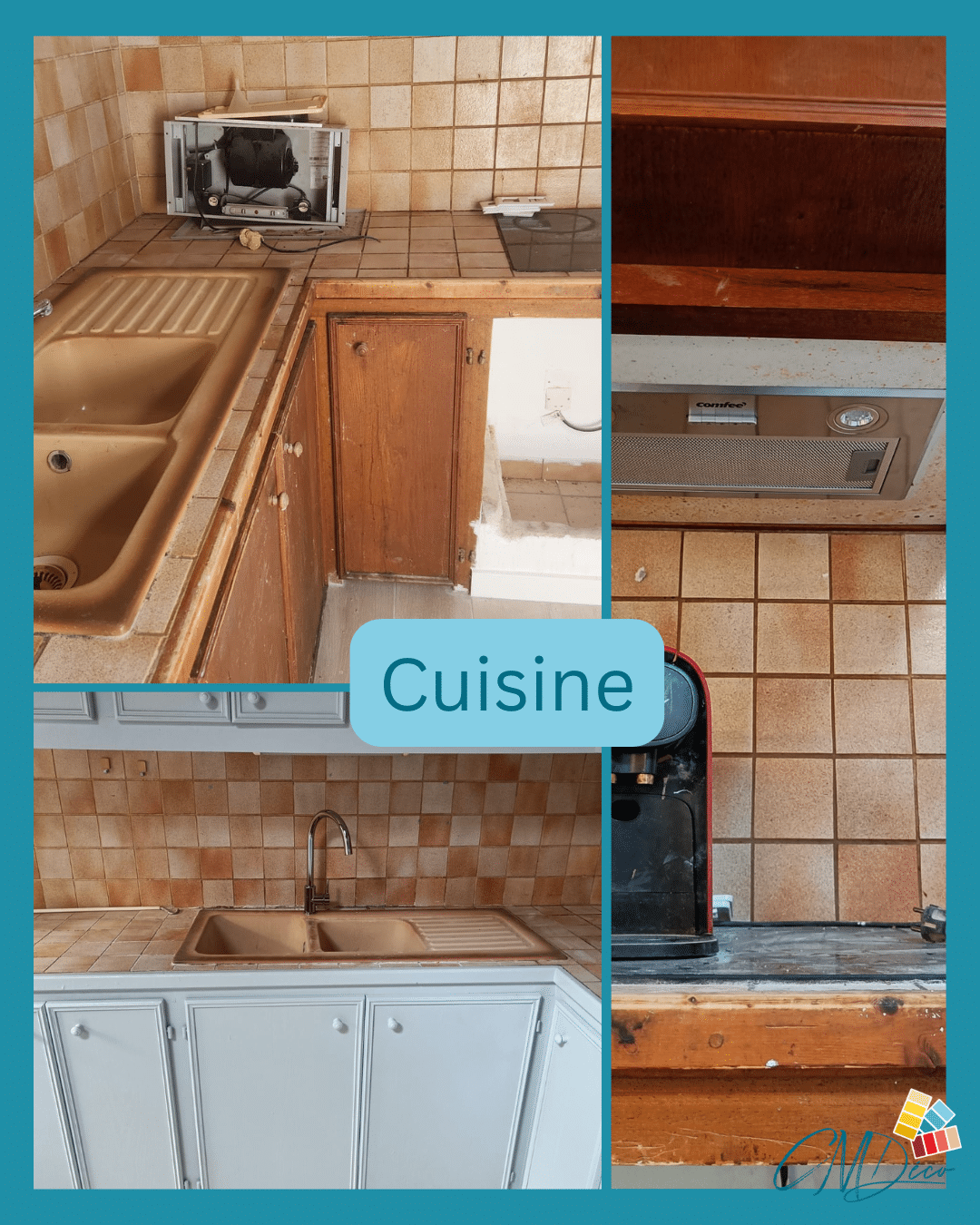 Cuisine de l'appartement avant rénovation, faïence et meubles d'origine